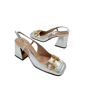 Gucci Baby Horsebit Slingback Pump Silver Metallic Leather Square Toe Size EU 36